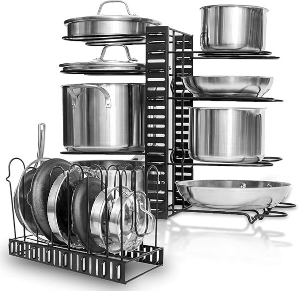GeekDigg Adjustable Pots and Pans Organizer - 8 Tier Versatile Kitchen Pot Rack for Counter and Cabinet - Easy Setup, 3 DIY