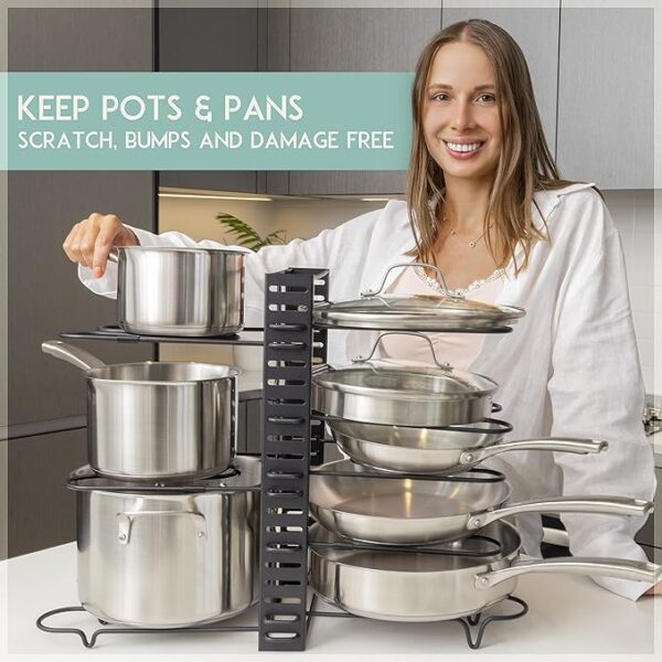 GeekDigg Adjustable Pots and Pans Organizer - 8 Tier Versatile Kitchen Pot Rack for Counter and Cabinet - Easy Setup, 3 DIY - Image 4